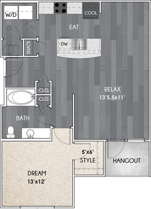 Floor plan for 1 bed, 1 bath, 838 sqft